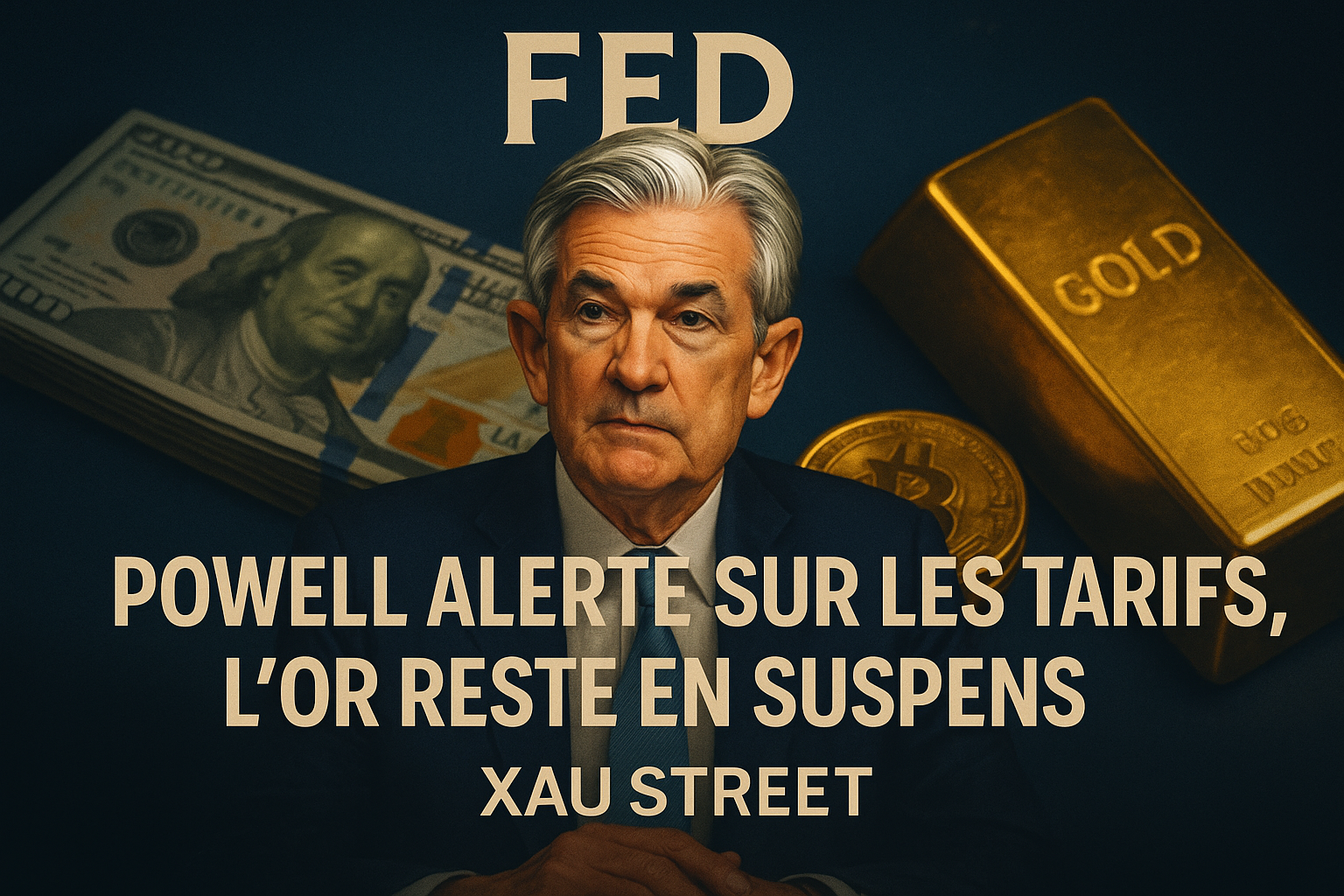 Portrait numérique de Jerome Powell lors de son témoignage devant le Sénat le 25 juin 2025 – thème « Wait and See » – création originale XAUstreet
