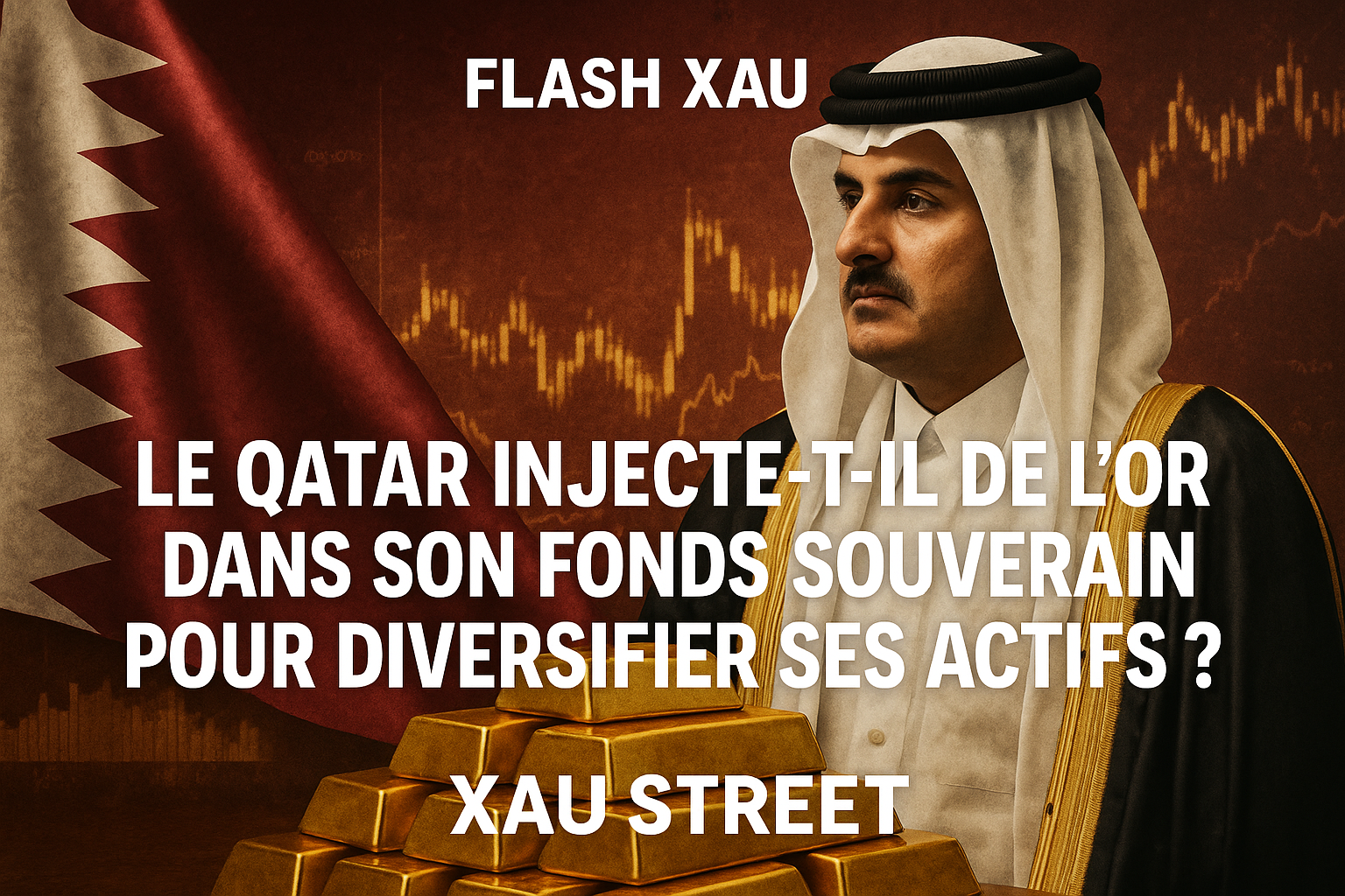 Image du Qatar misant sur l’or comme pilier économique — Flash XAU par XAUstreet avec le dirigeant qatari, le drapeau national et des lingots d’or en couverture.