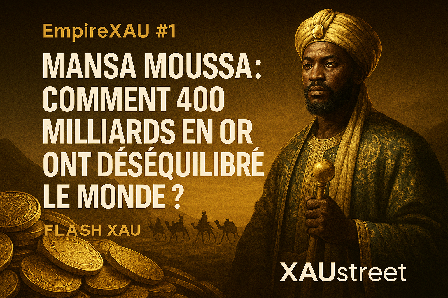 Portrait de Mansa Moussa avec de l’or et une caravane en route vers La Mecque – EmpireXAU #1 – XAUstreet