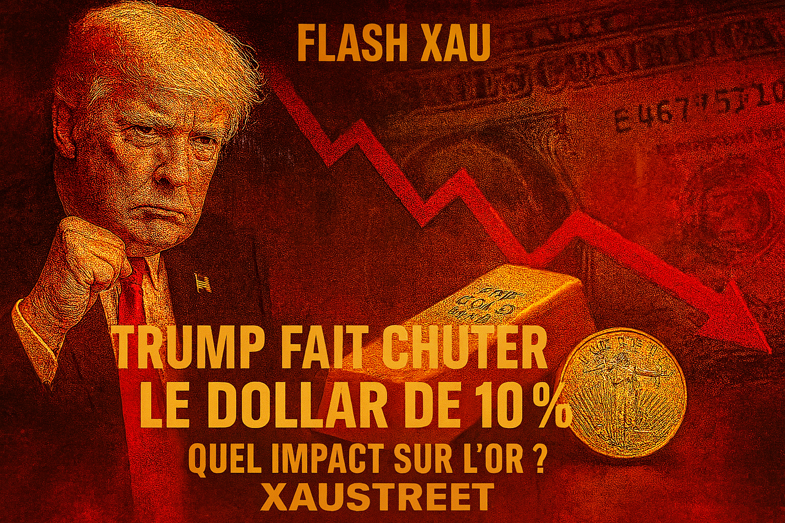Trump provoque une chute historique du dollar de 10 % en six mois — l'or en embuscade comme valeur refuge, image choc signée XAUstreet.