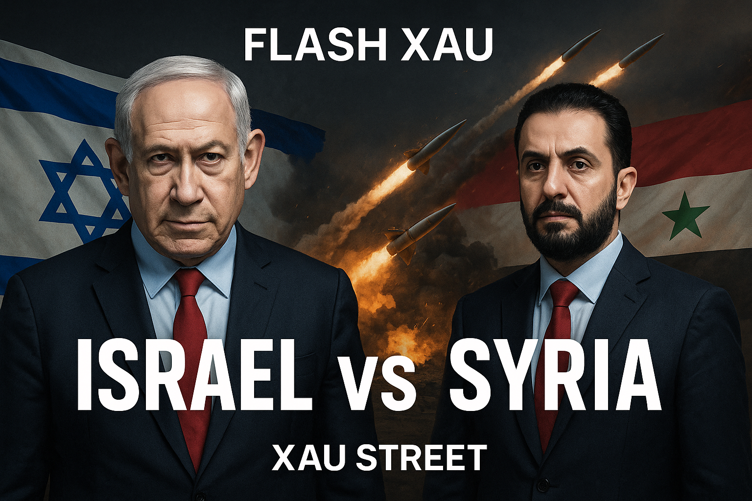 Image illustrant le conflit Israël-Syrie avec les dirigeants des deux pays, drapeaux en arrière-plan et tirs de missiles, accompagnée du titre "FLASH XAU – ISRAEL vs SYRIA – XAUstreet", symbolisant les tensions géopolitiques et leur impact potentiel sur le marché de l’or.