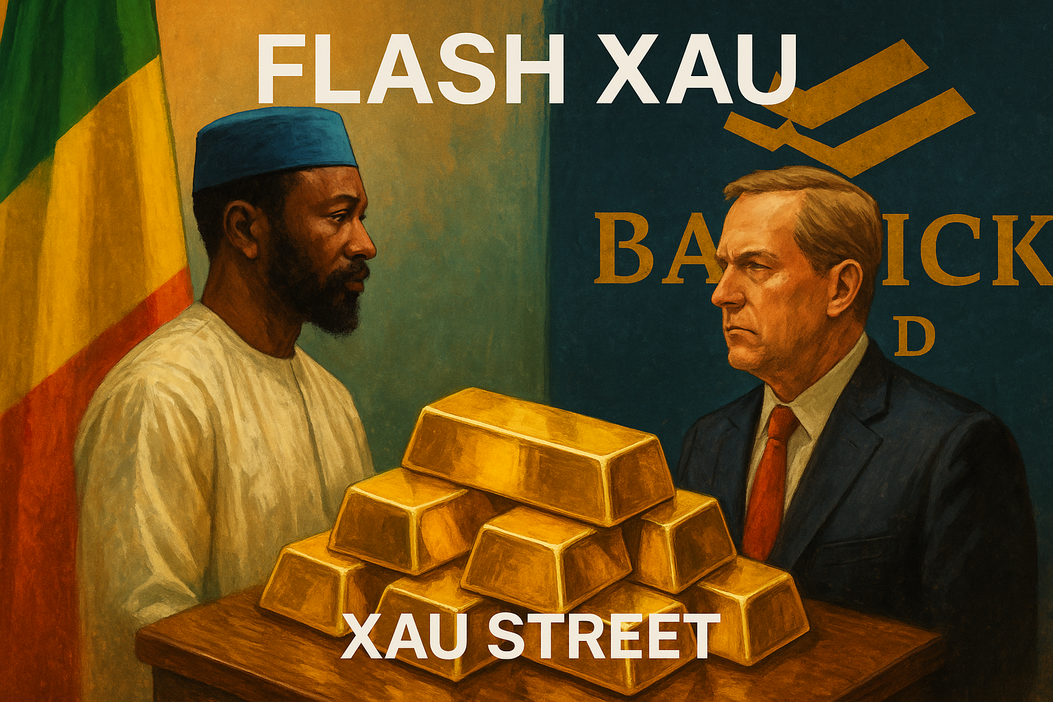 Le président malien face à Barrick Gold — reprise du contrôle de la plus grande mine d'or du Mali, avec drapeaux nationaux et lingots d’or, illustration géopolitique Flash XAU