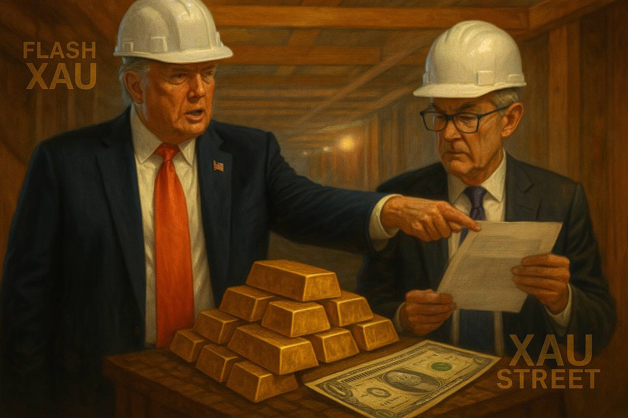 Trump et Powell en casque sur le chantier de la Fed brandissant des chiffres d’argent avec dollar er or