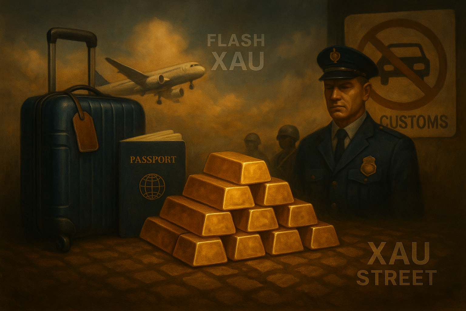 Valise fermée, lingots d’or et passeport – sécurité voyage or