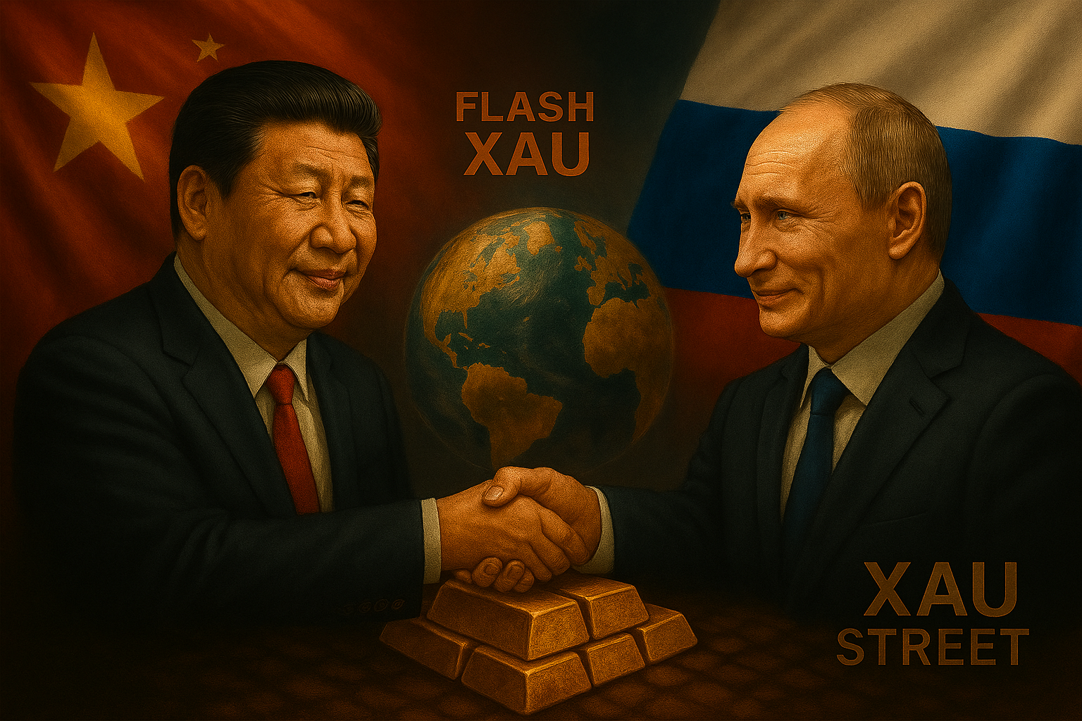 Xi et Poutine devant une carte de l Eurasie avec une balance dorée et un lingot d’or symbolisant leur pouvoir.