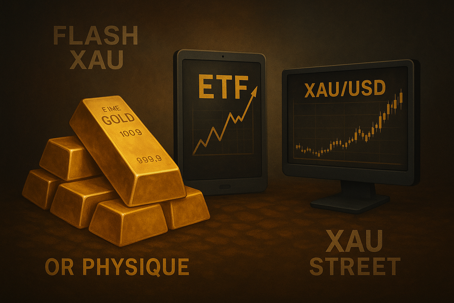 lingots, graphiques boursiers et ETF illustrant les formes d’or
