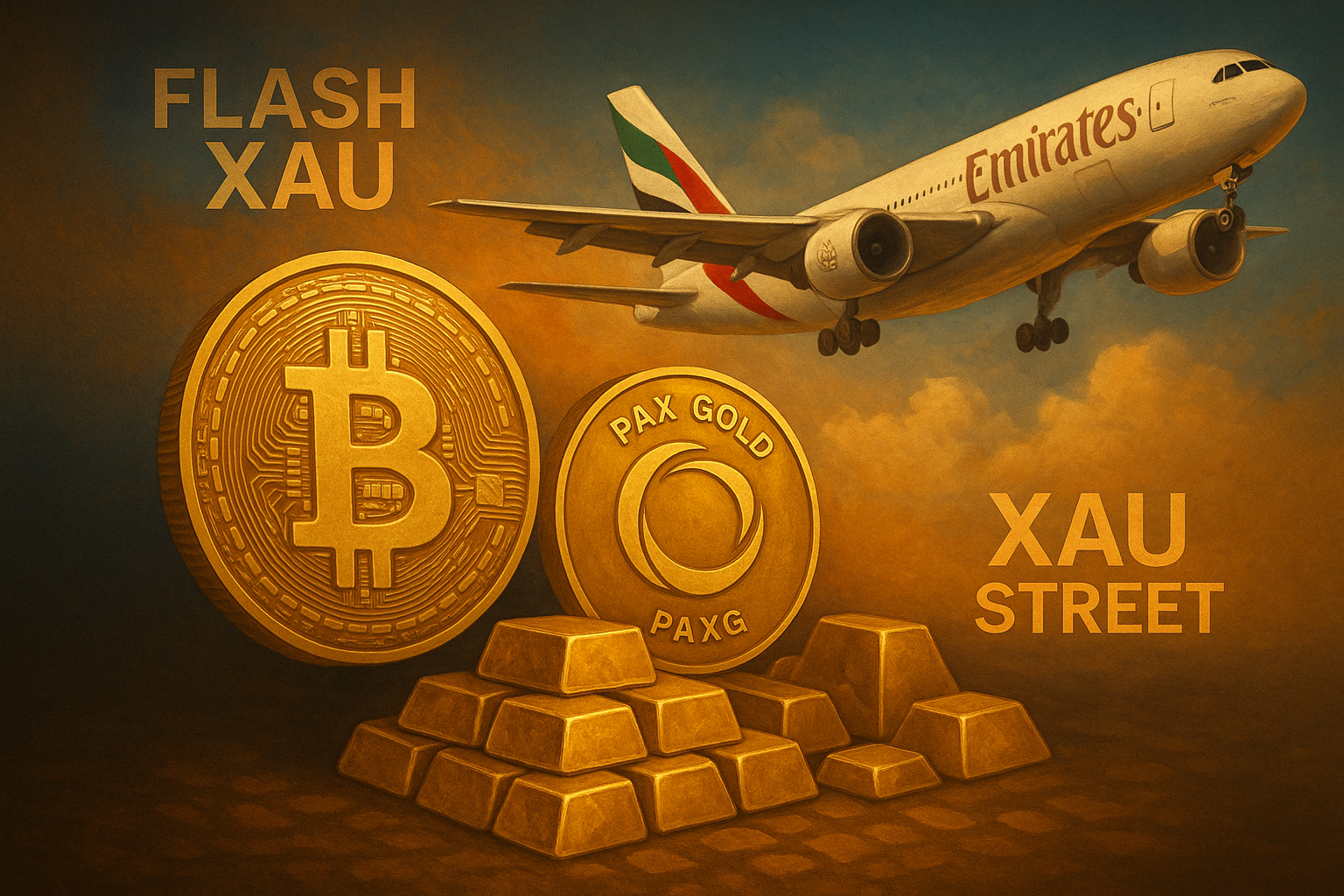 Avion Emirates avec des lingots d’or et le symbole Bitcoin en arrière-plan et des stablecoins adossés a l'or