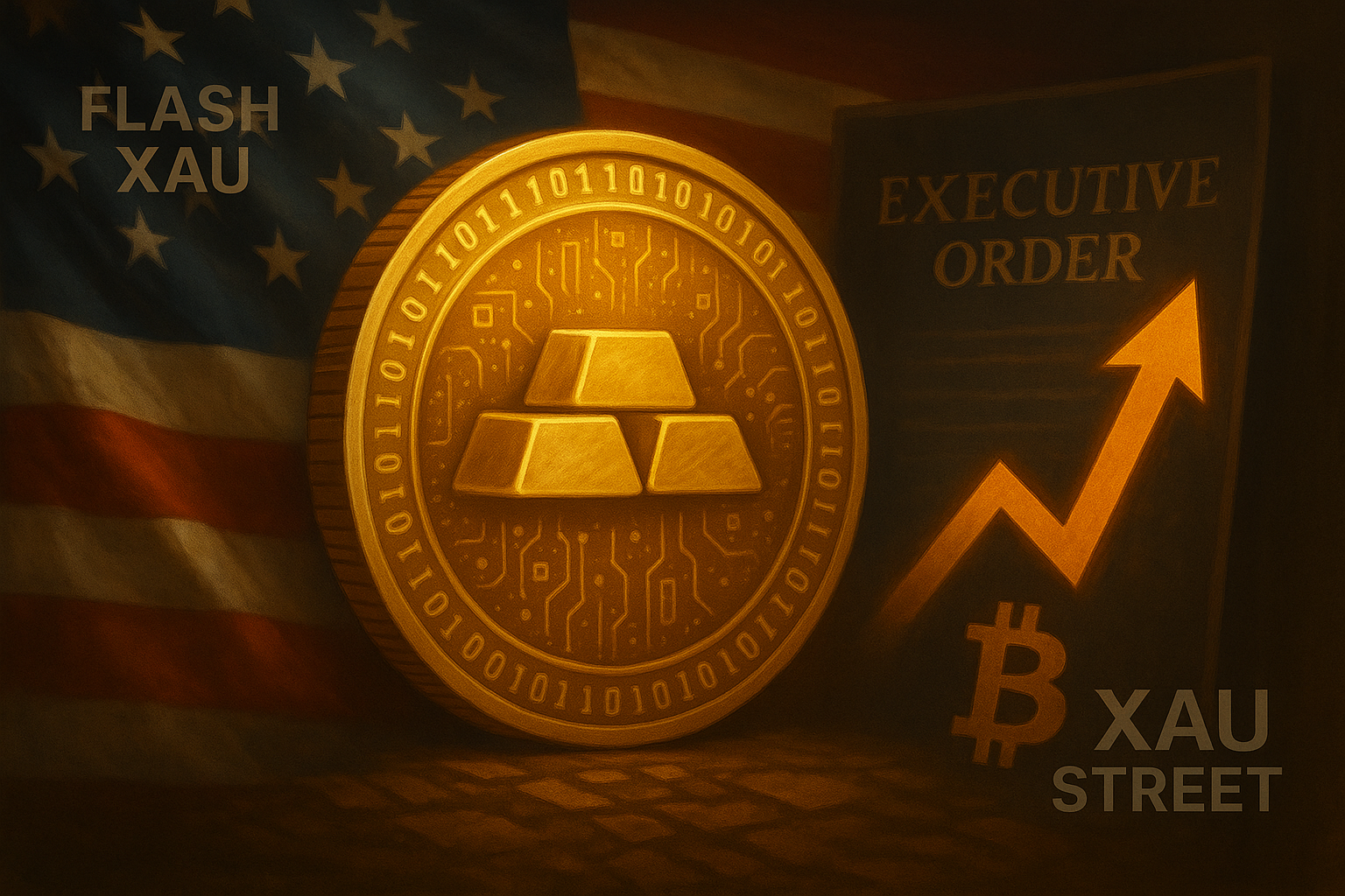 lingots d’or et d’un symbole Bitcoin sur fond drapeau américain