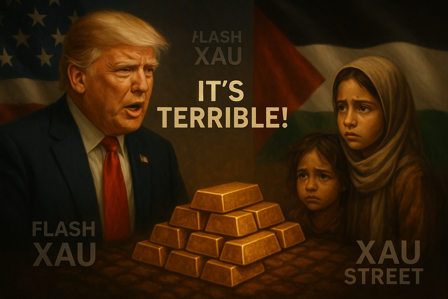 Donald Trump réagissant aux conditions de Gaza, or physique en fond symbolique