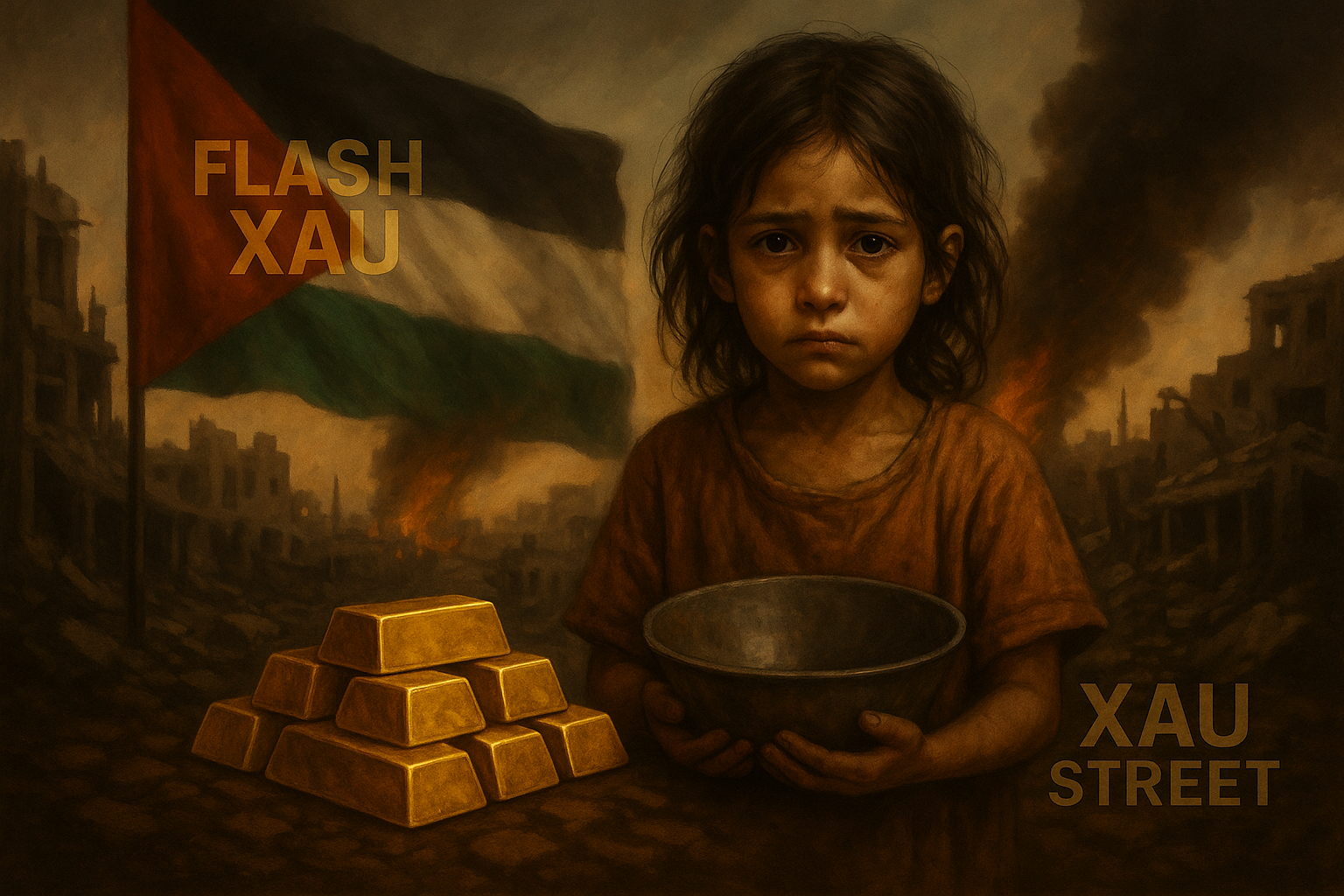Enfants affamés de Gaza avec lingots d’or en arrière-plan symbolisant la fuite refuge