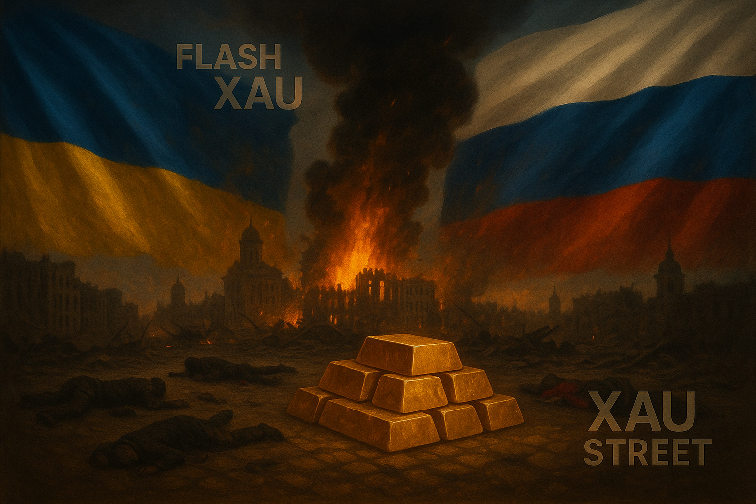 Explosion à Kiev avec lingots d’or symbolisant la flambée refuge face au conflit