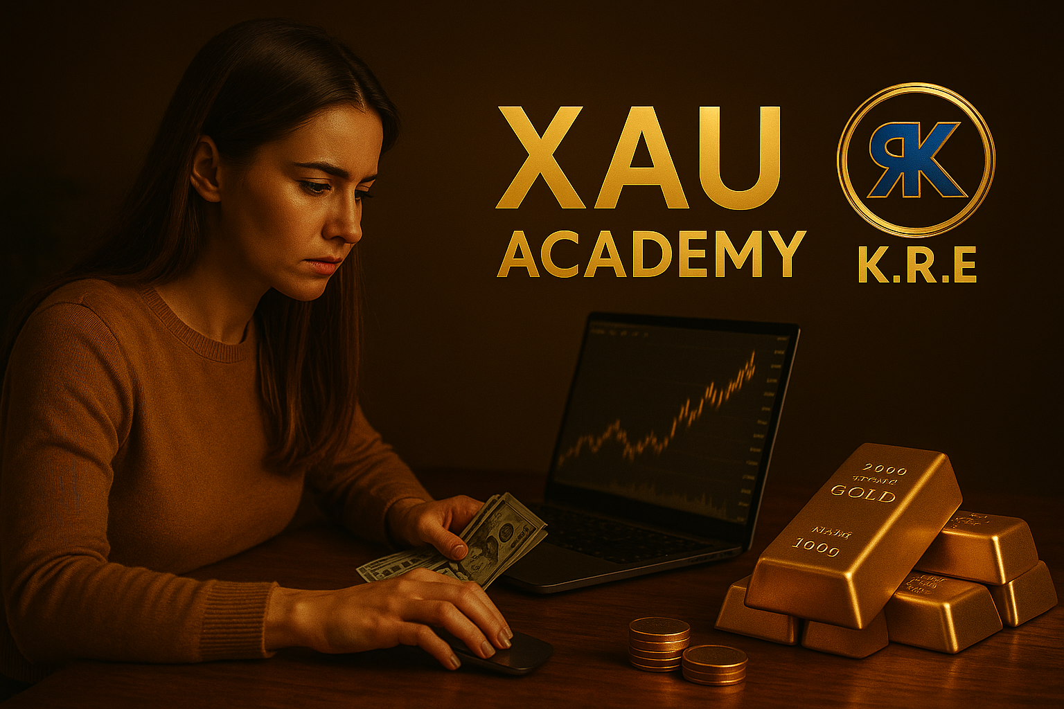Femme concentrée apprenant à gérer son argent avec K.R.E via XAU Academy
