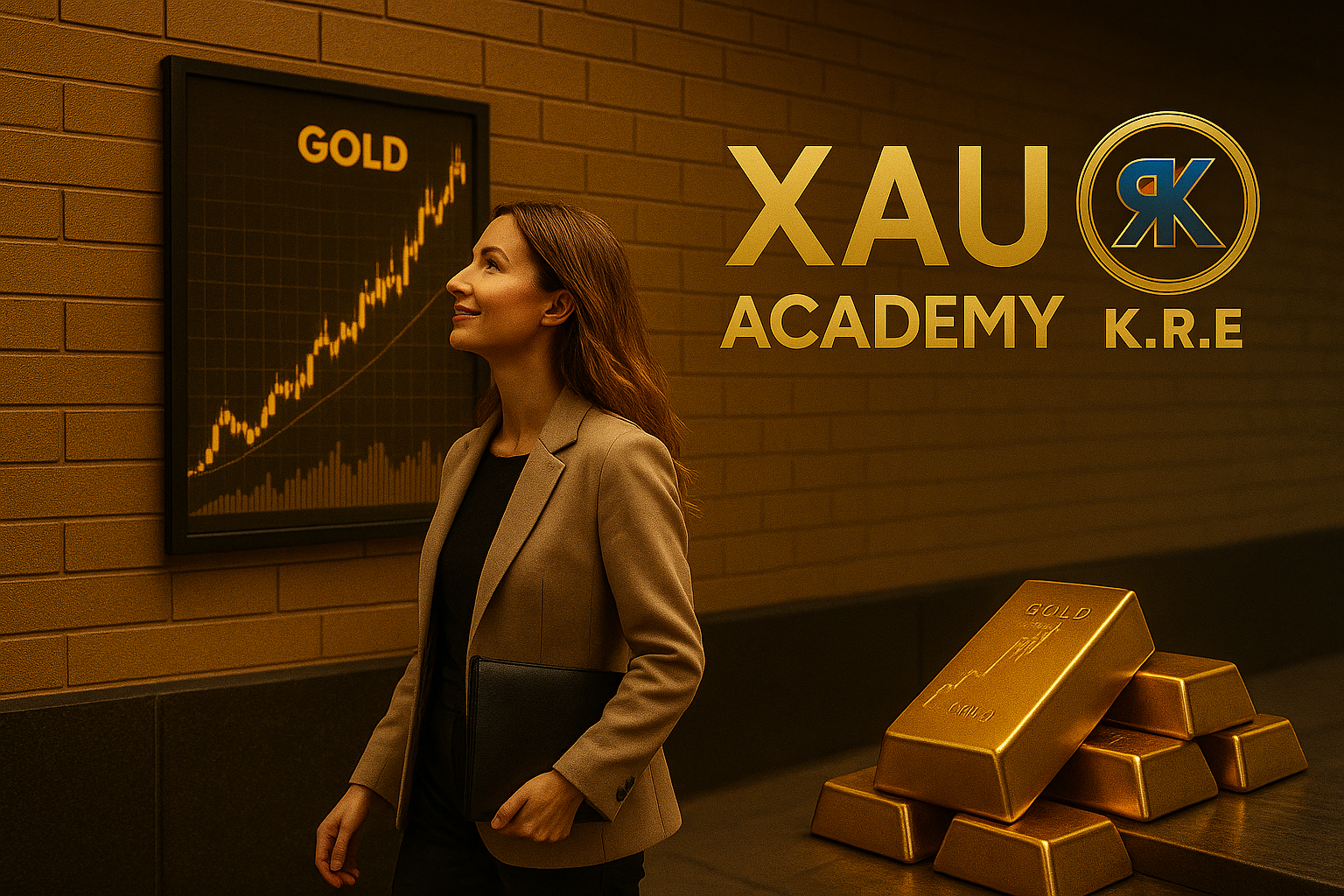 Femme rayonnante devant un écran affichant un graphique haussier de l’or, entourée de lingots : illustration de l’impact de l’éducation financière avec XAU Academy