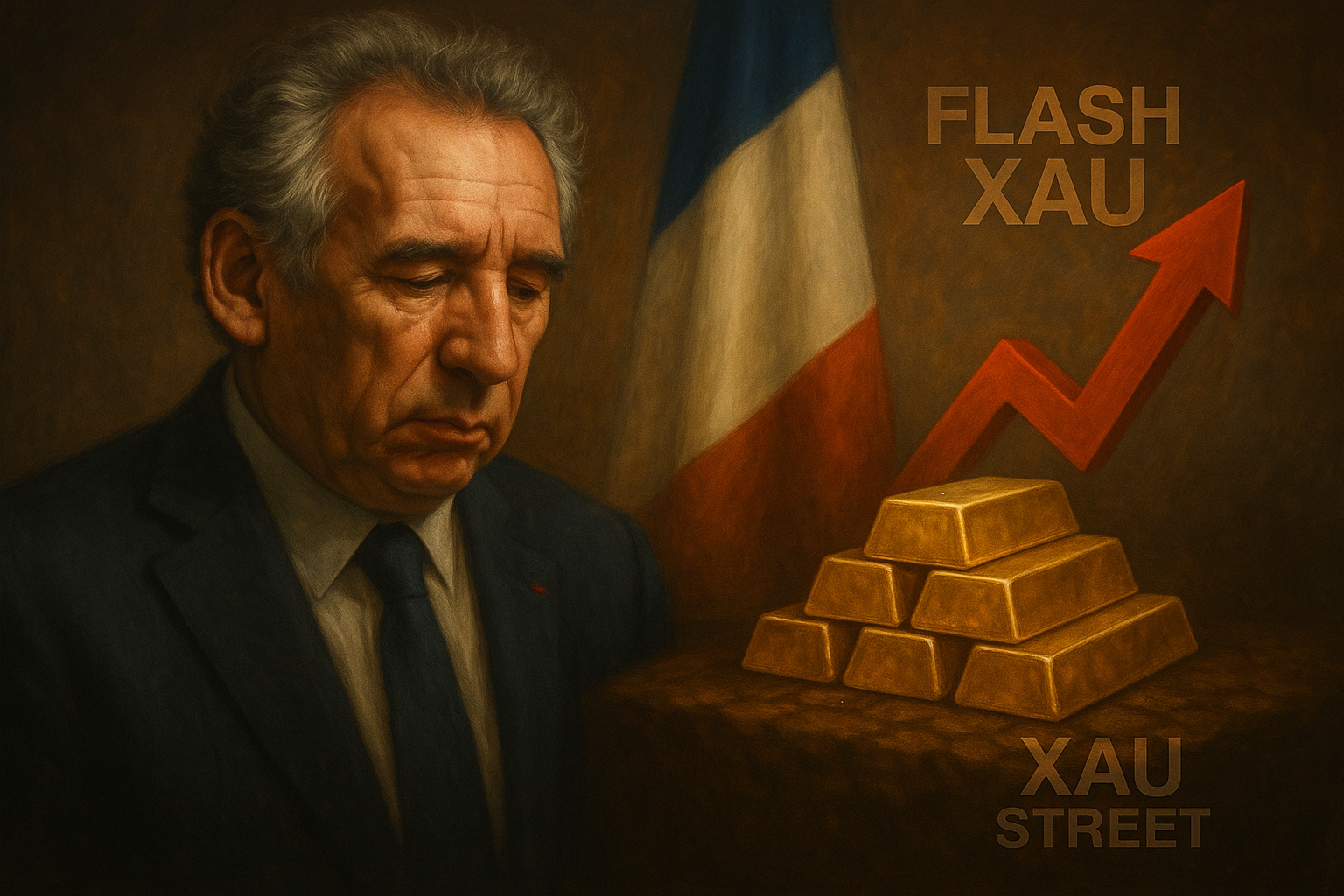François Bayrou devant un drapeau français et des lingots d’or, symbole de la crise politique en France et de l’envolée du marché de l’or – Flash XAUstreet