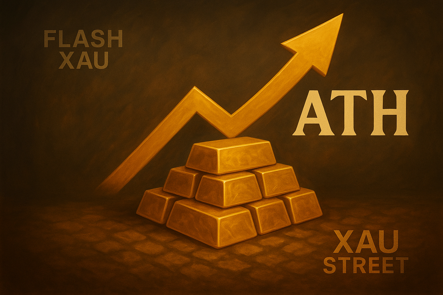 Graphique de l’or franchissant un sommet historique avec lingots en avant-plan