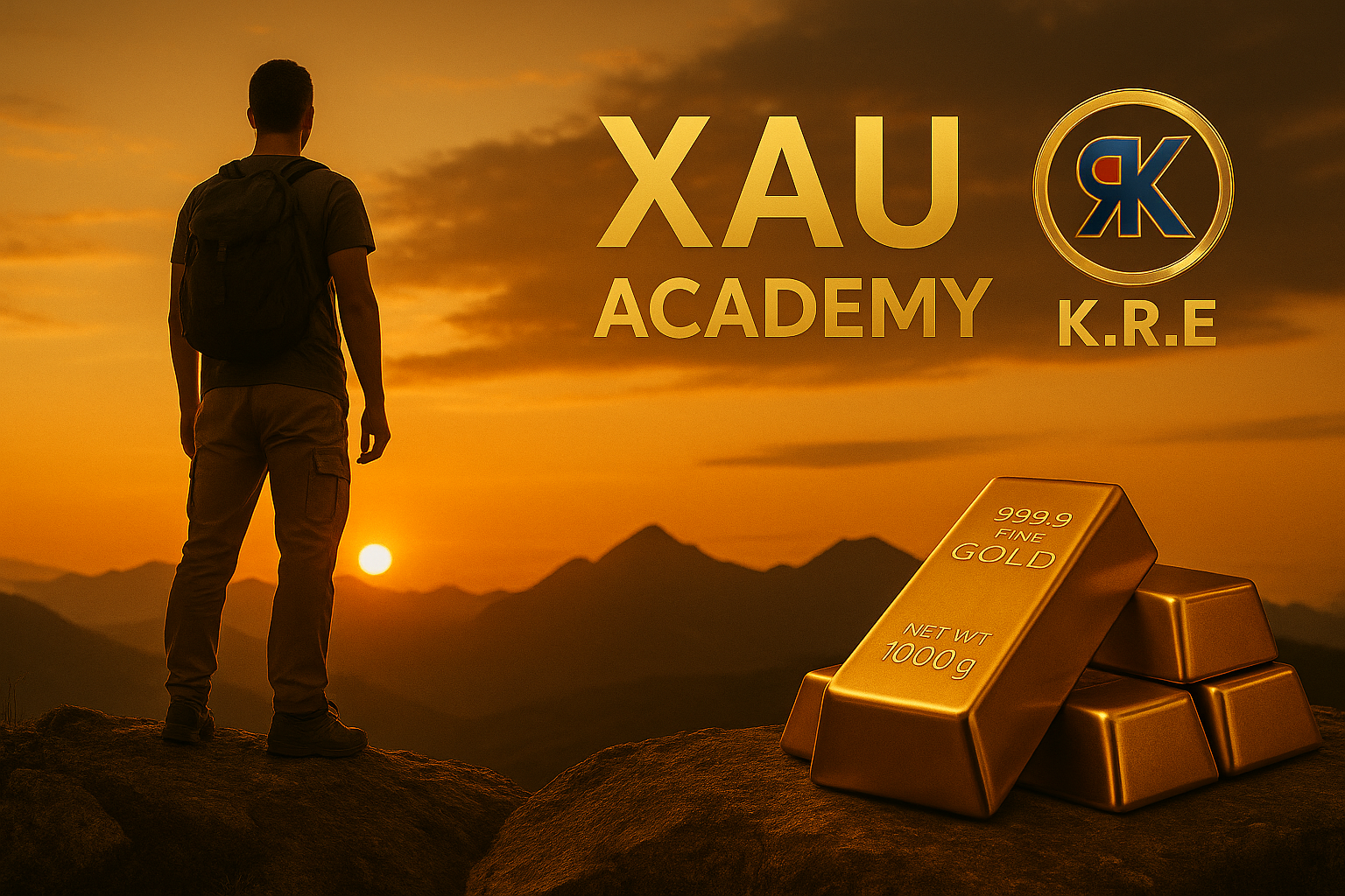 Homme face à l’horizon doré, symbole d’une ascension personnelle grâce au trading sur l’or avec XAU Academy et KRE