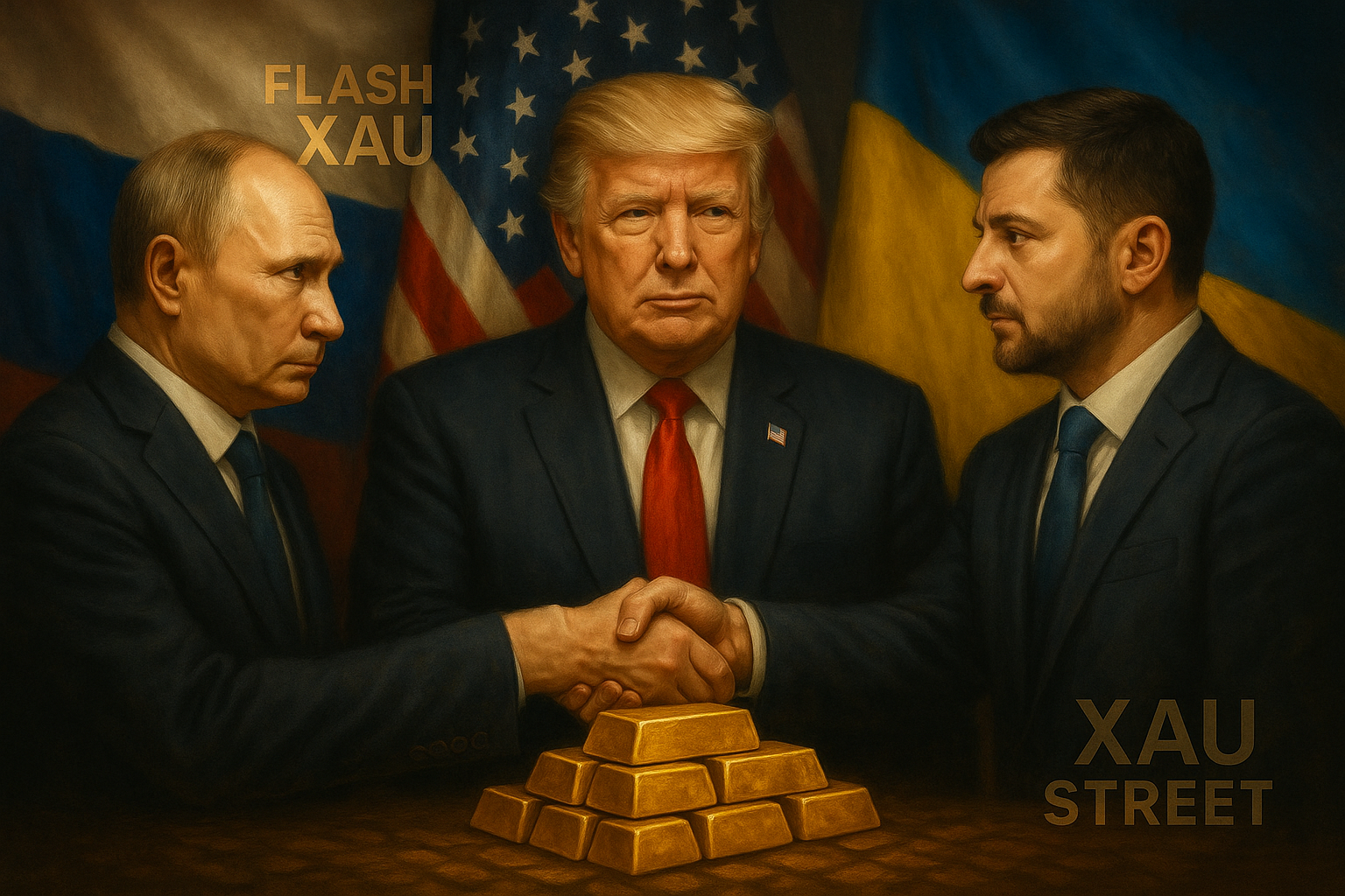 Illustration du sommet Trump–Poutine–Zelensky avec des lingots d’or