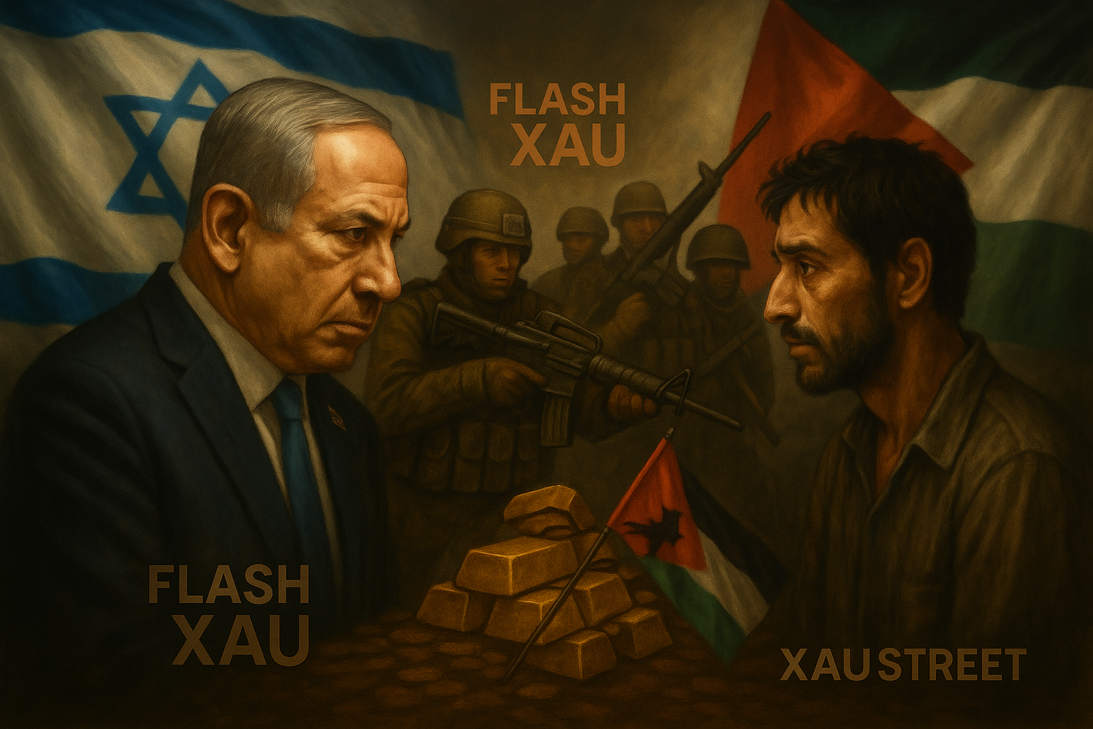 Image illustrant la tension entre Israël et Gaza avec un lingot d’or en arrière-plan
