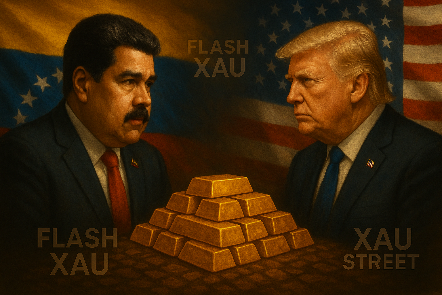 Lingot d’or avec drapeaux du Venezuela et des USA en arrière-plan
