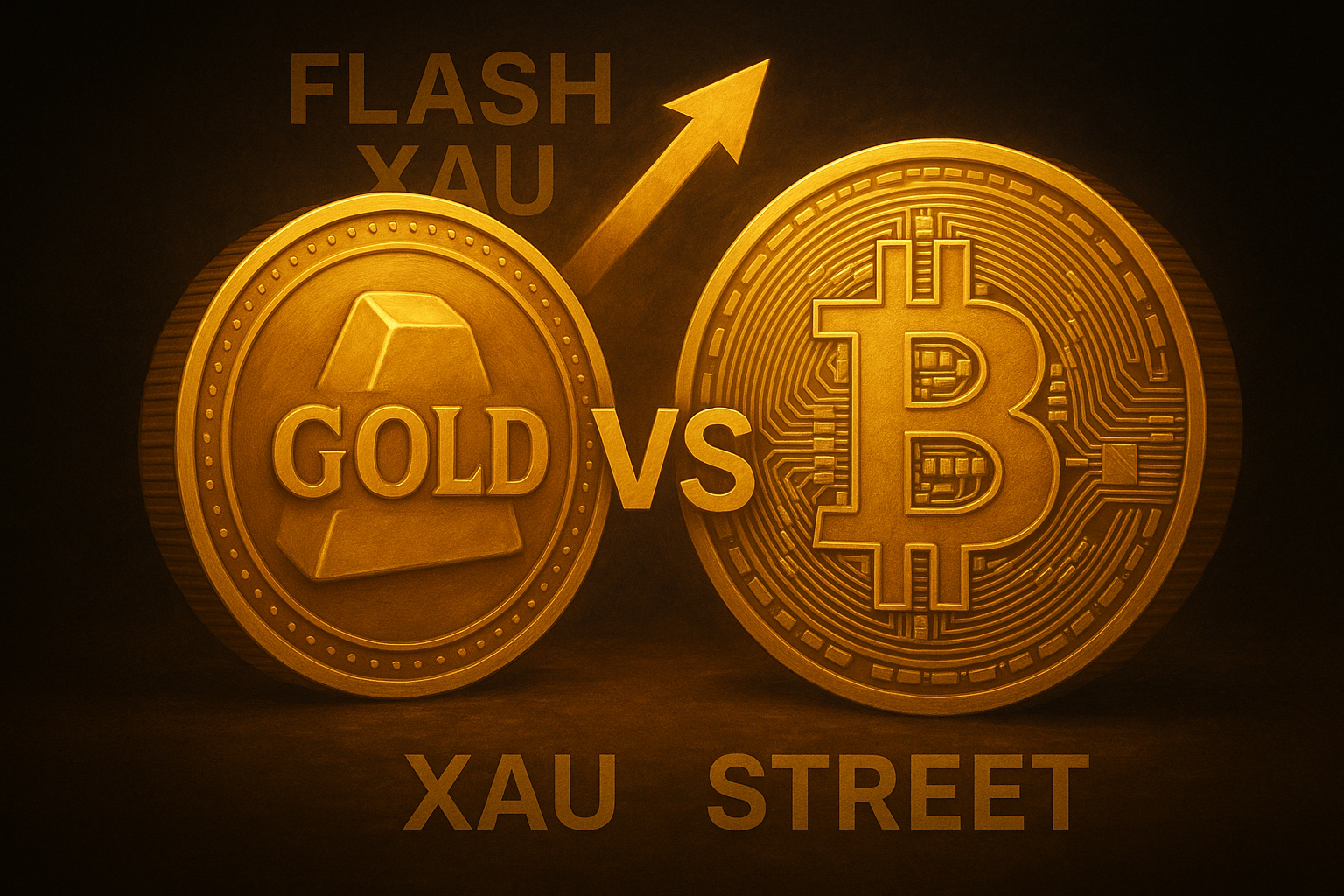 Lingot d’or digitalisé face au logo Bitcoin lumineux