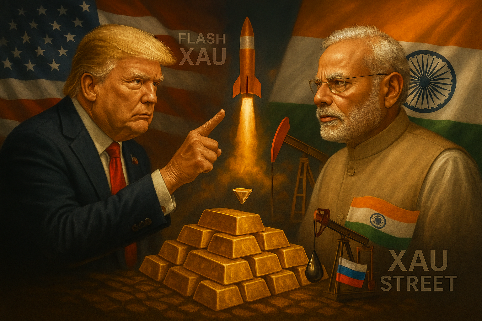 Lingot d’or sur fond de drapeaux USA et Inde en confrontation