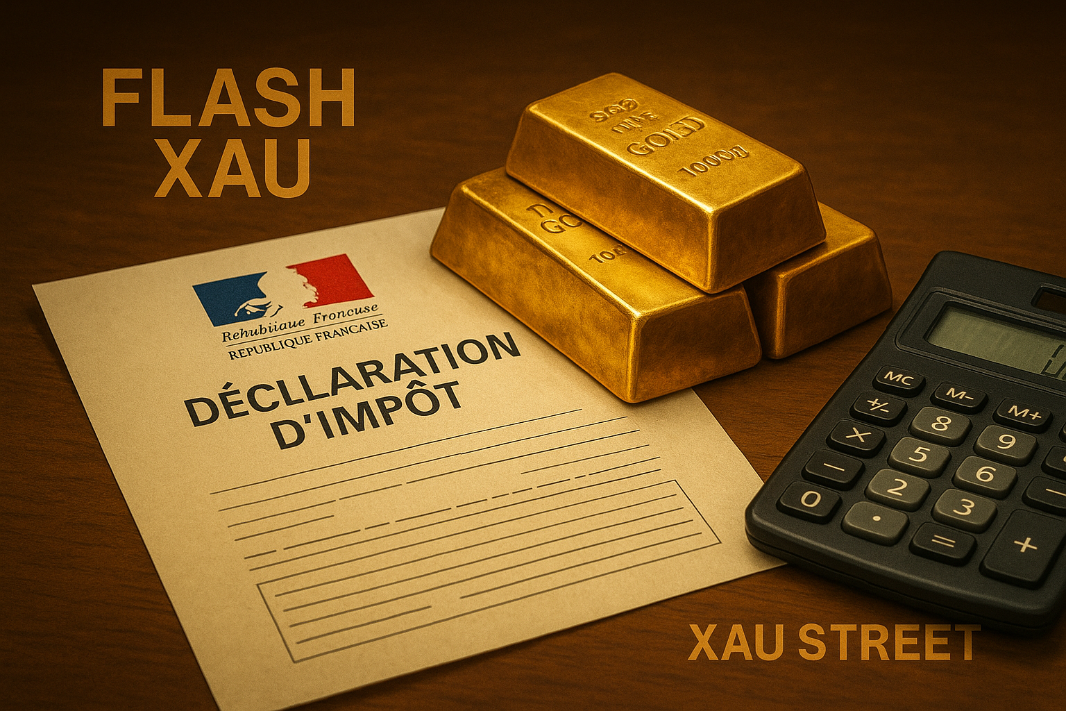 Lingots d’or avec un document fiscal français et une calculatrice
