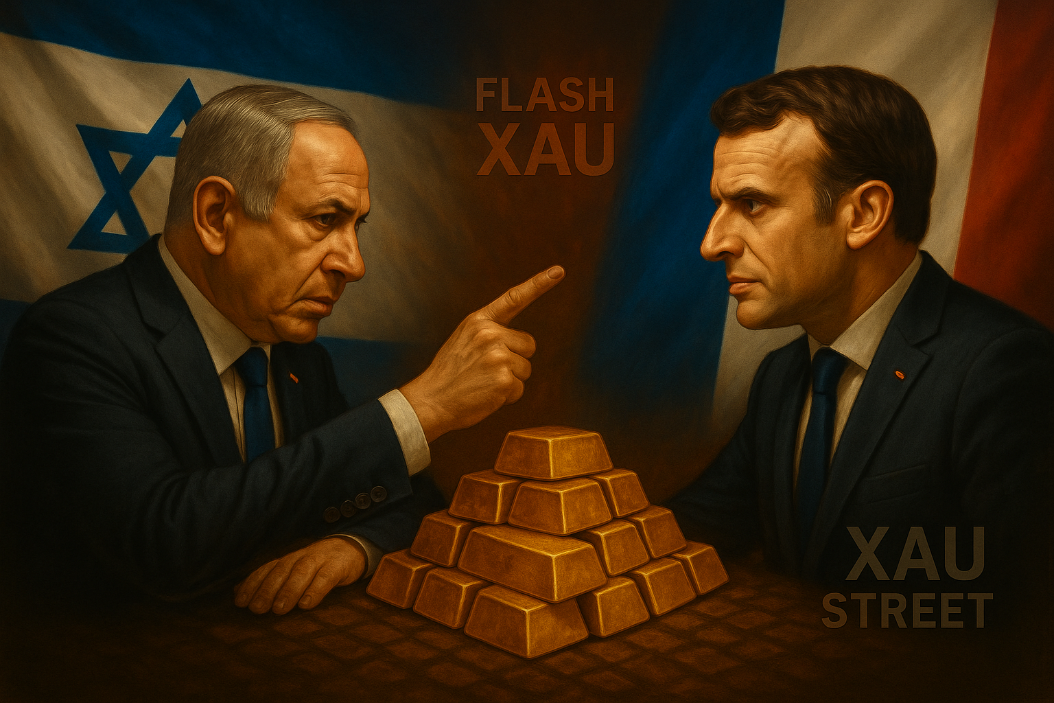 Lingots d’or devant des portraits de Macron et Netanyahu en demi-teinte