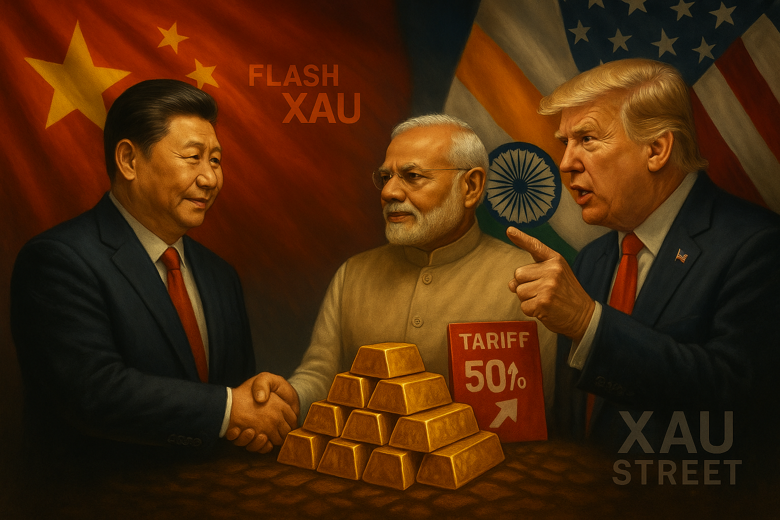 Lingots d’or devant les drapeaux de la Chine, de l’Inde et des États-Unis et leurs dirigeants