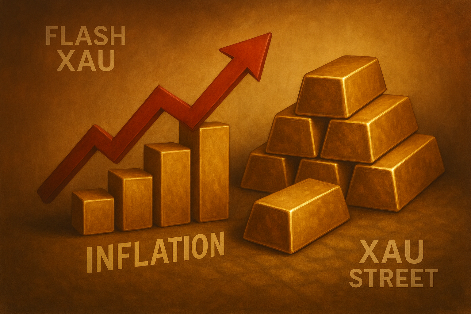 Lingots d’or posés devant un graphique montrant la hausse de l’inflation