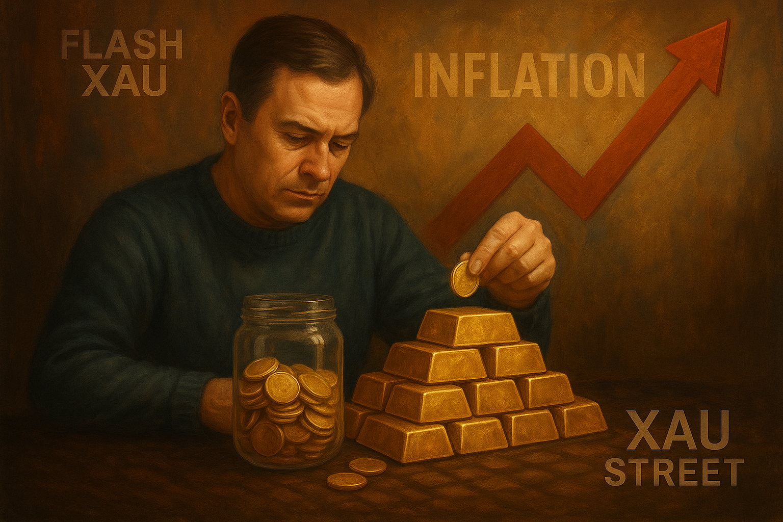 Lingots et pièces d’or à côté d’un graphique montrant l’inflation
