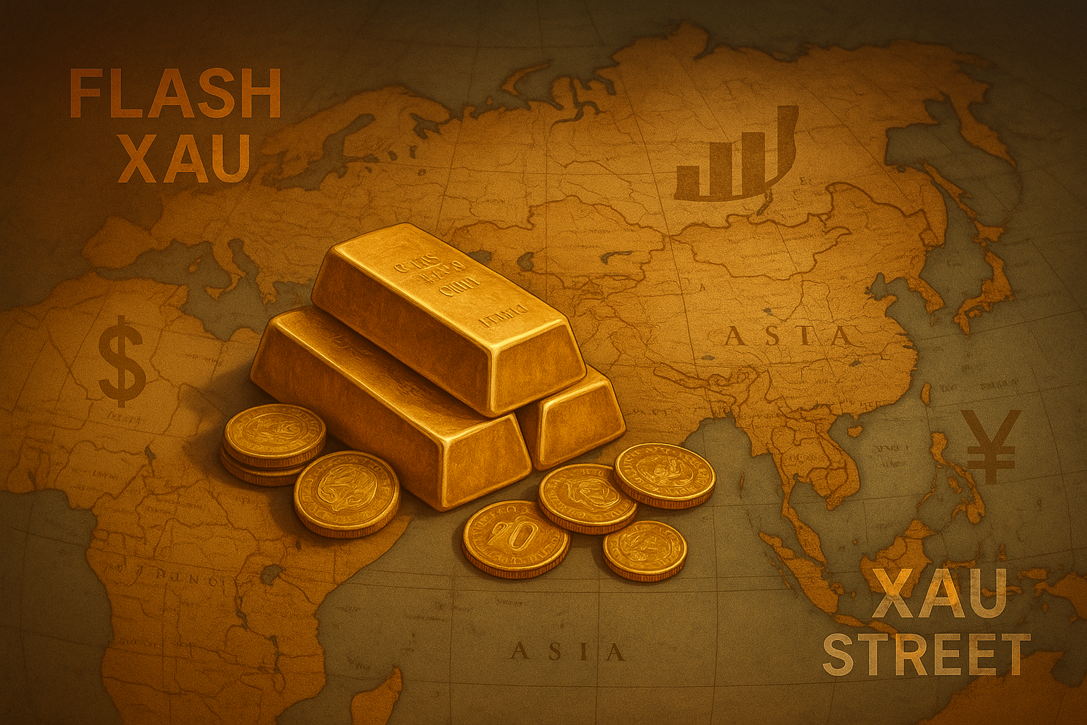 Lingots et pièces d’or posés sur une carte de l’Asie avec des symboles financiers