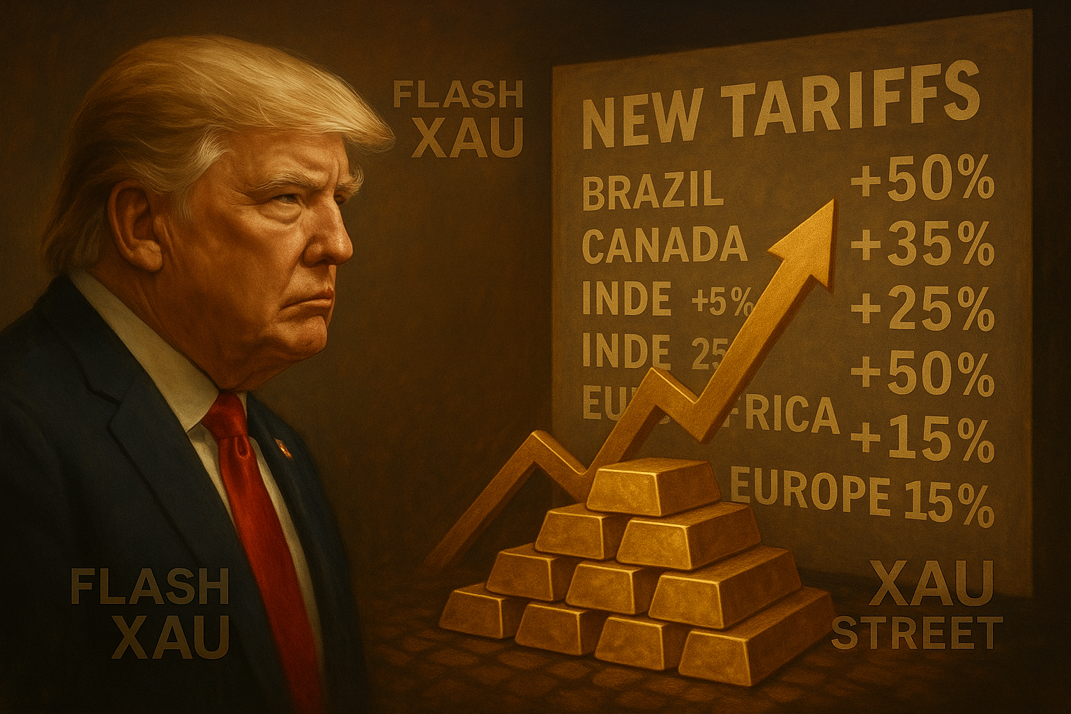 Liste des pays visés par les tarifs Trump avec un lingot d’or en surimpression