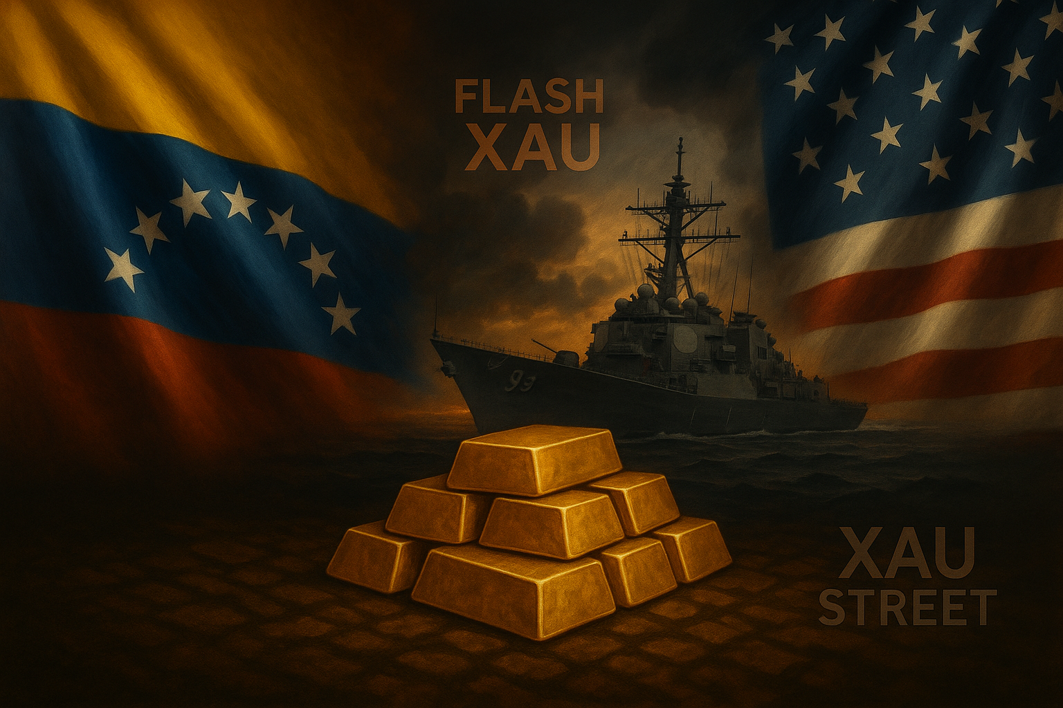 Navires de guerre américains au large du Venezuela avec des lingots d’or en surimpression