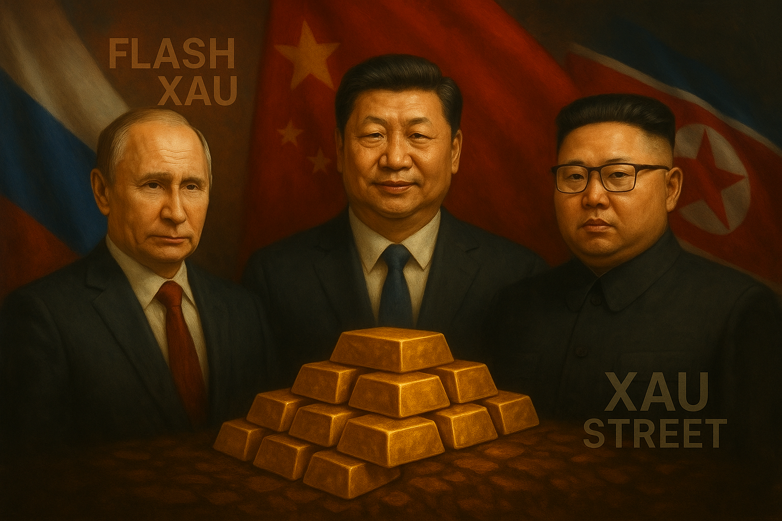 Poutine, Xi et Kim côte à côte sur fond de drapeaux, avec lingots d’or symbolisant la puissance économique