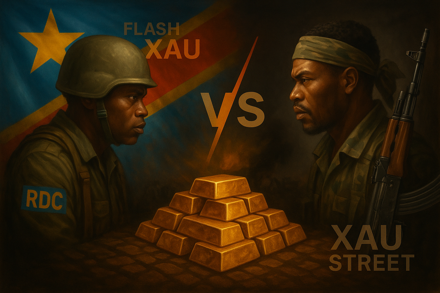 RDC vs M23 avec superposition de lingots d’or pour illustrer les enjeux miniers