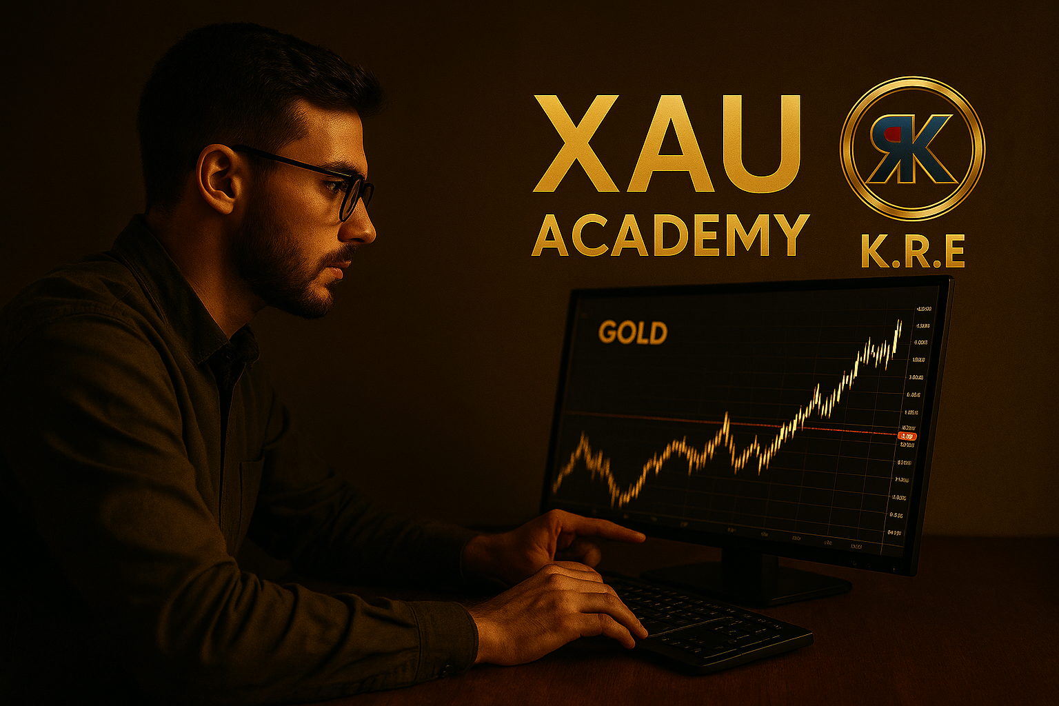 Trader concentré appliquant le processus KRE sur un graphique de l’or, illustrant la réduction du risque par la stratégie.