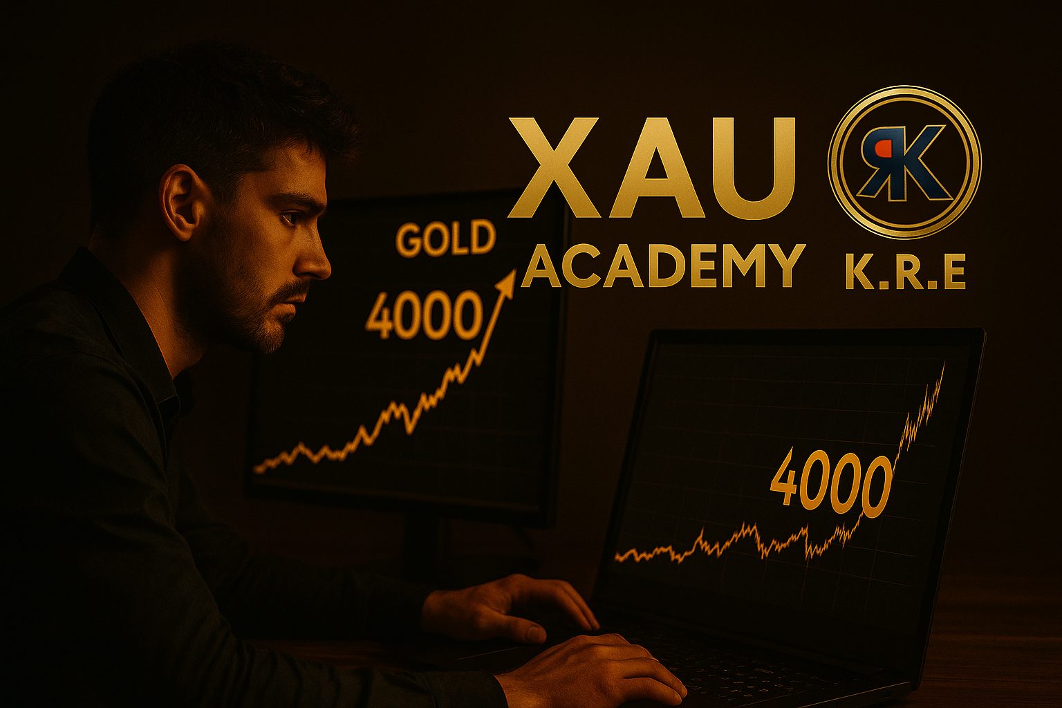 Trader concentré sur le graphique de l’or à 4000 dollars avec logos XAU Academy et K.R.E