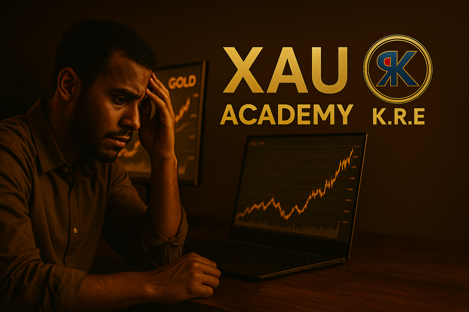 Trader concentré sur l’or, surmontant la peur de perdre grâce à K.R.E et XAU Academy
