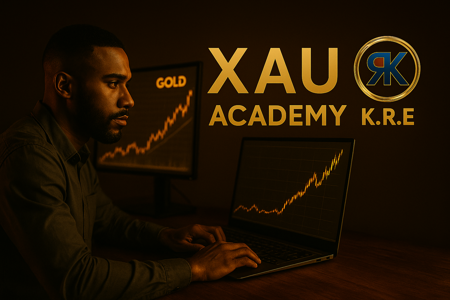 Trader concentré sur un graphique haussier de l’or, symbolisant l’importance du mindset sur le capital avec KRE.