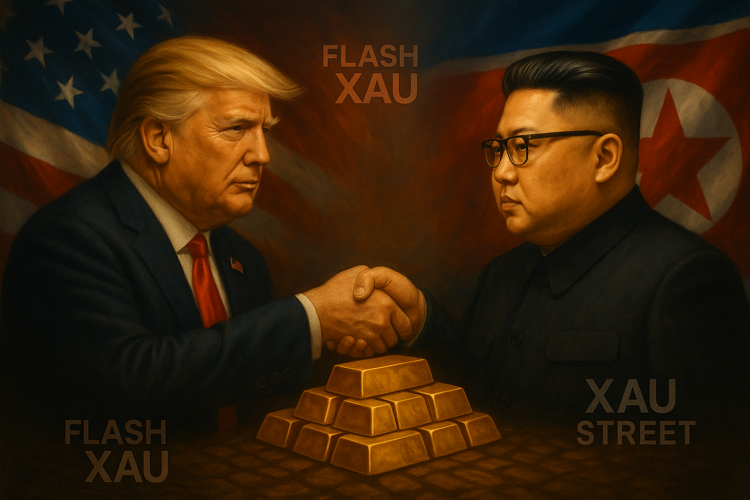 Trump et Kim Jong-un se serrant la main, fond doré symbolisant l’impact sur l’or