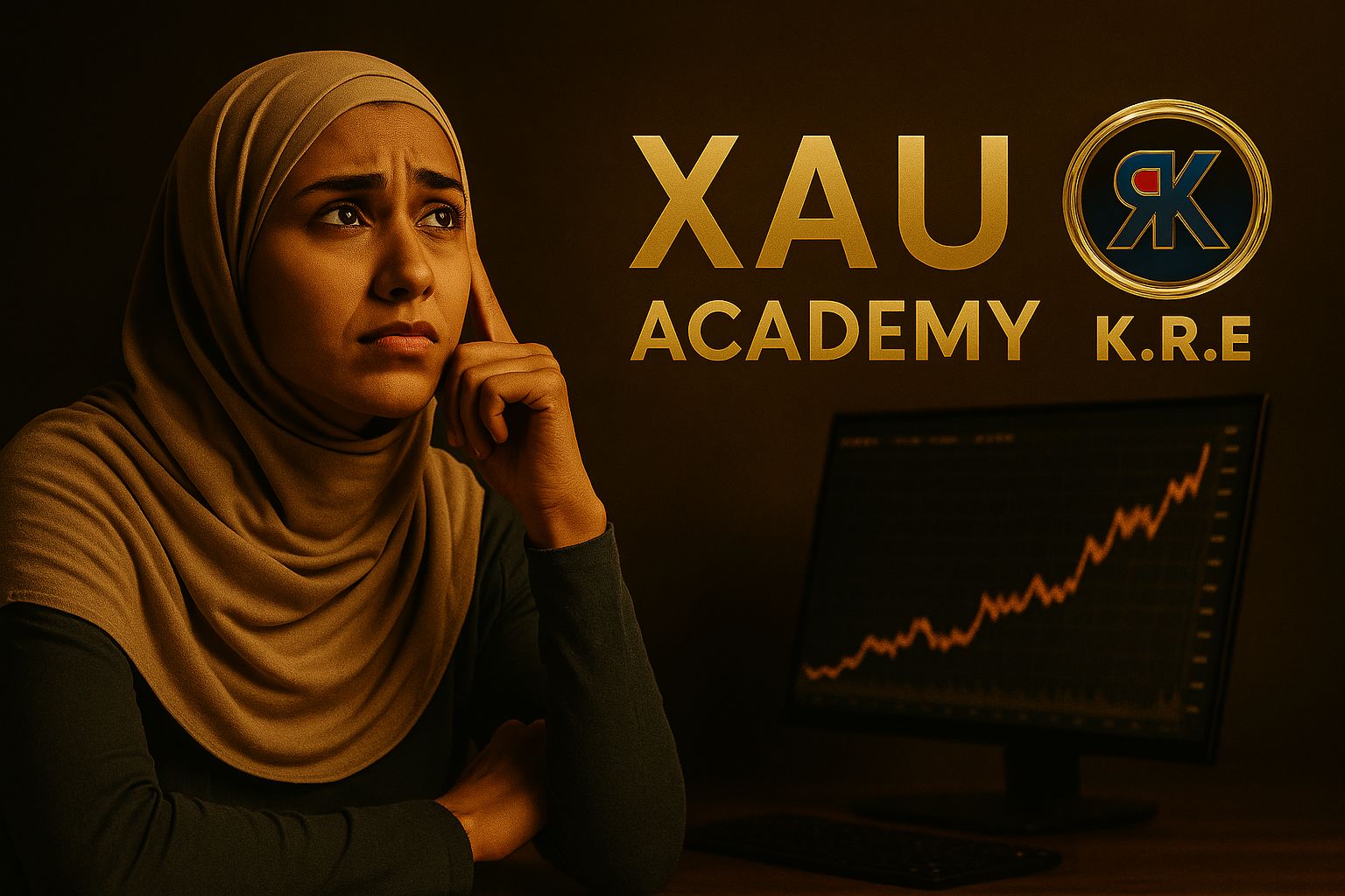 Un débutant peureux devant un graphique haussier de l’or, guidé par un mentor KRE – illustration que le trading sur l’or est innacessible.