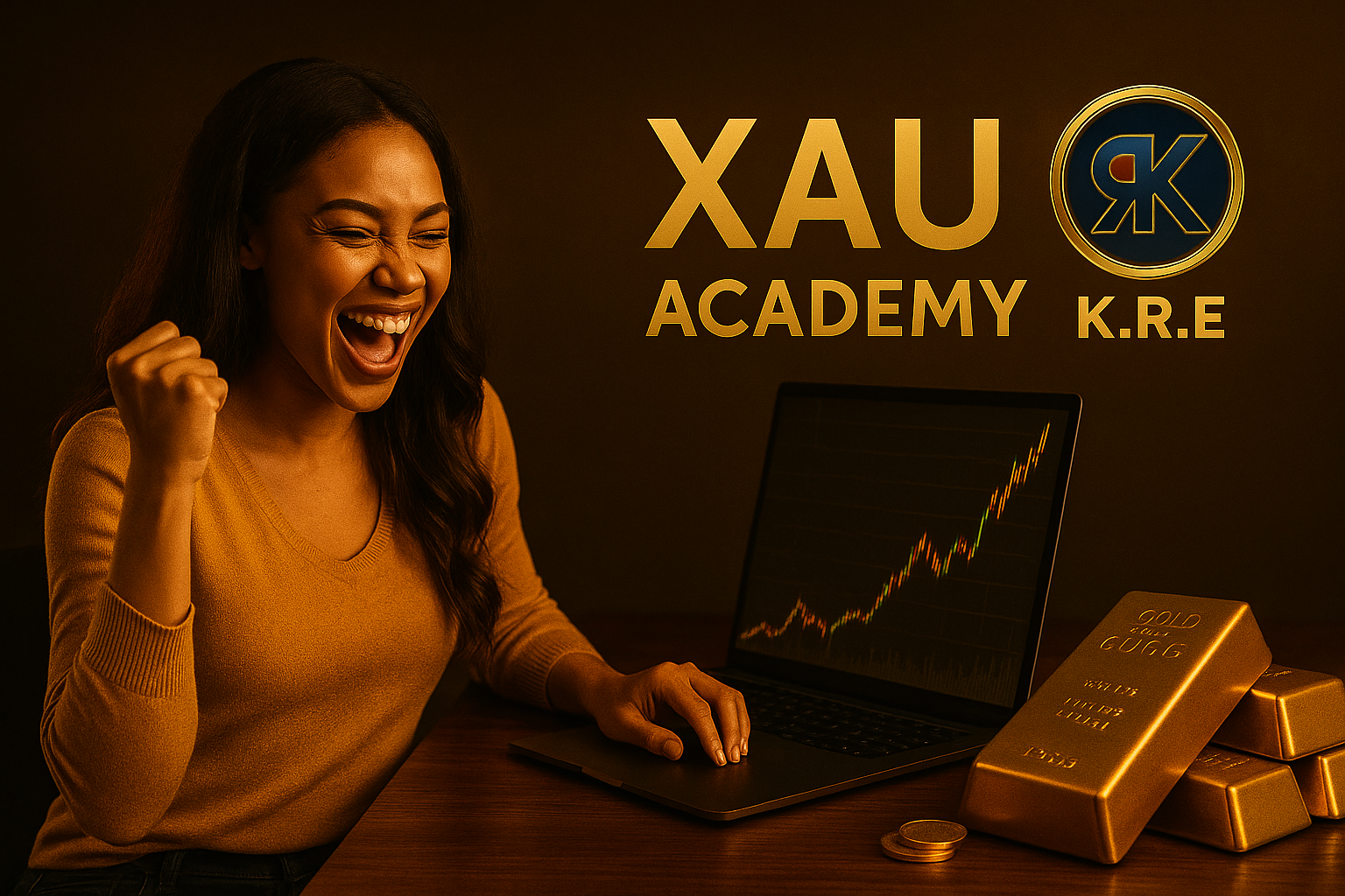 Un jeune trader concentré sur le XAU/USD avec graphique haussier à l’écran et des lingots d’or sur le bureau, symbole de progression grâce à KRE