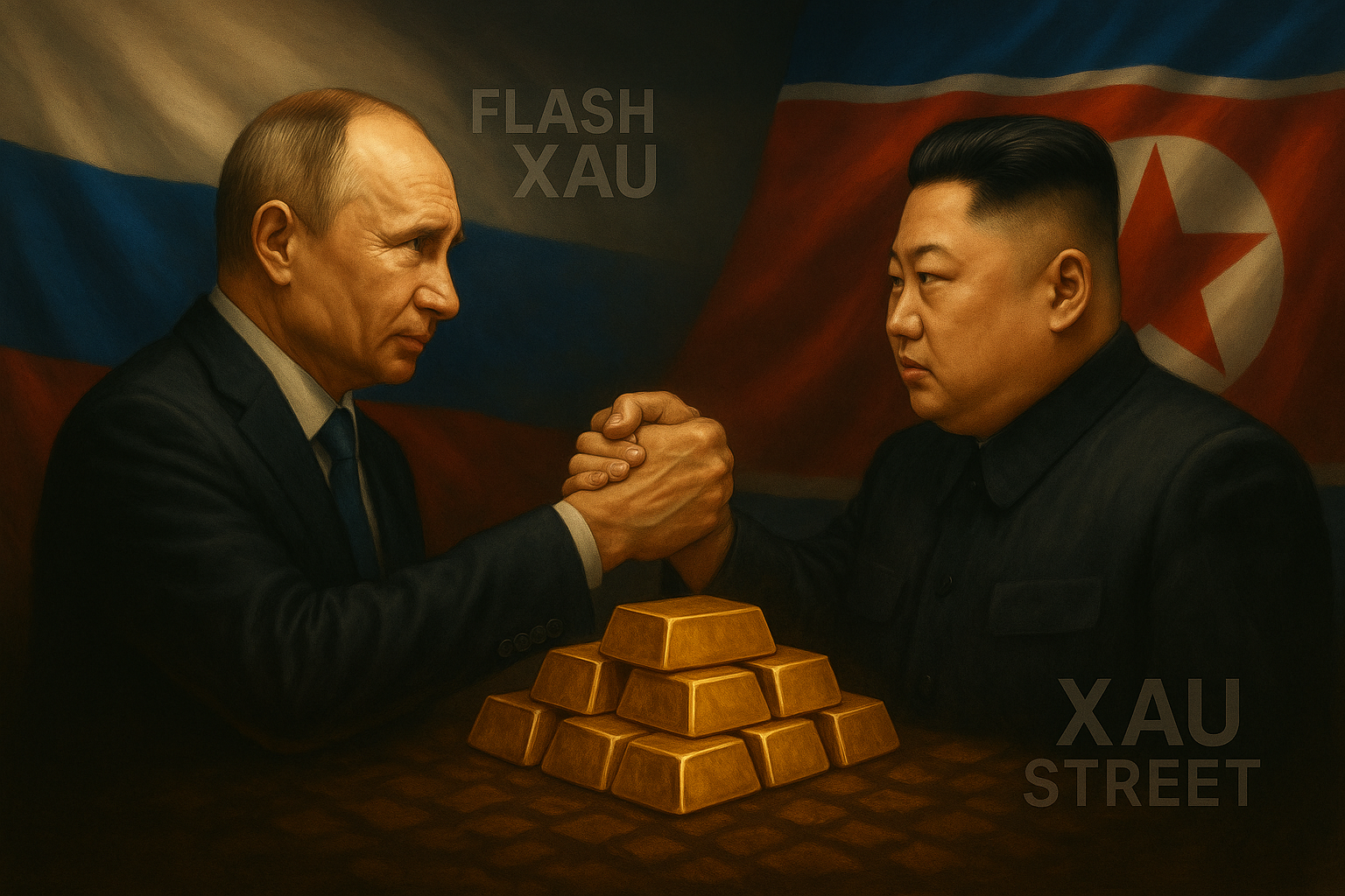 Vladimir Poutine et Kim Jong-un sur fond de lingots d’or – alliance géopolitique