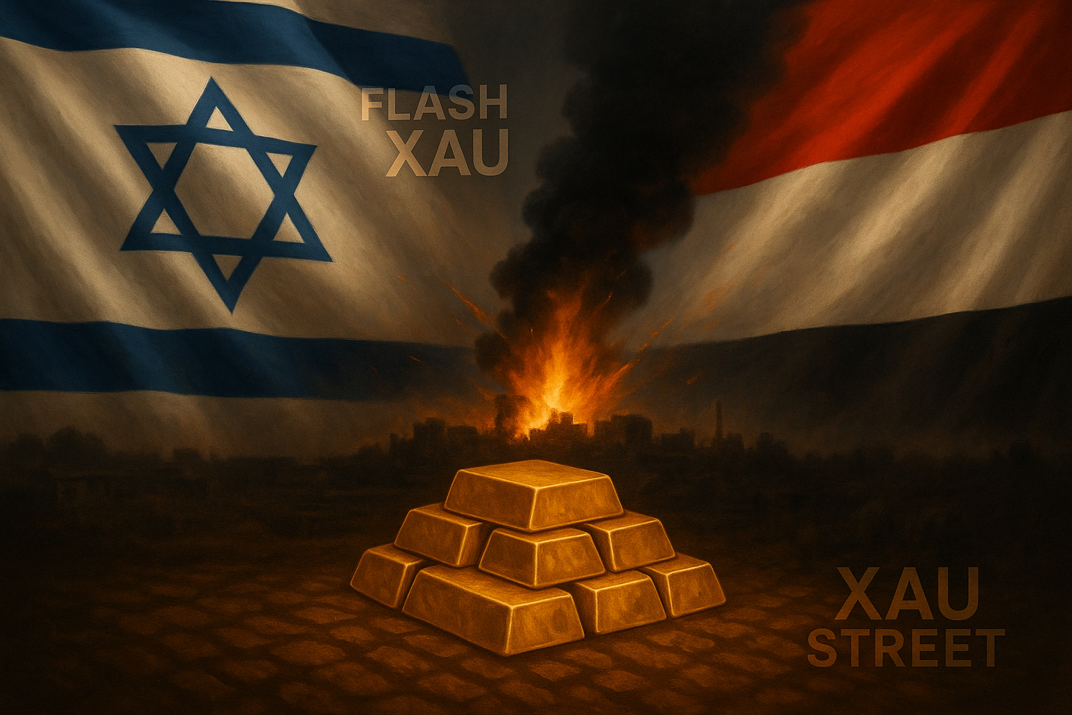 explosions en surimpression et lingots d’or en avant-plan et le drapeau israelien et du yémen