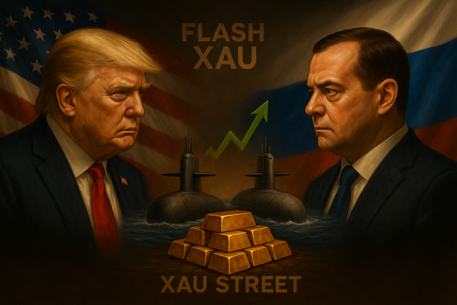 TRUMP VS MEDVEDEV sous-marin nucléaire américain en surface, or physique sur fond sombre