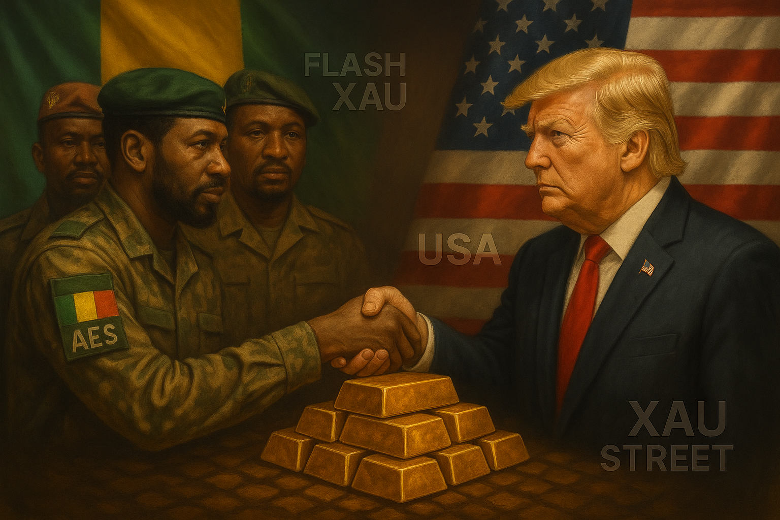 américain et africain avec des lingots d’or symbolisant la nouvelle stratégie USA–AES