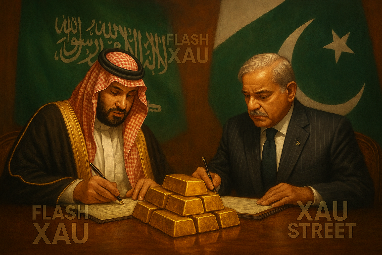 Dirigeants saoudien et pakistanais signant un accord de défense mutuelle devant des lingots d’or