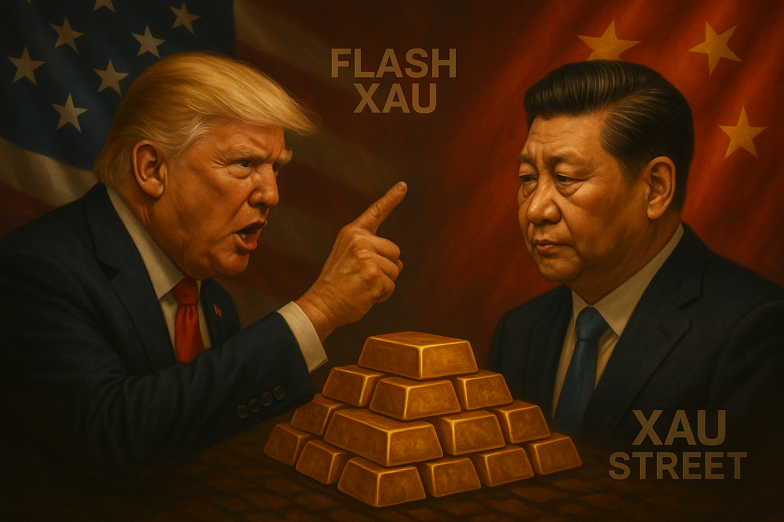 Donald Trump accusant Xi Jinping, avec lingots d’or en arrière-plan symbolisant la flambée du métal jaune