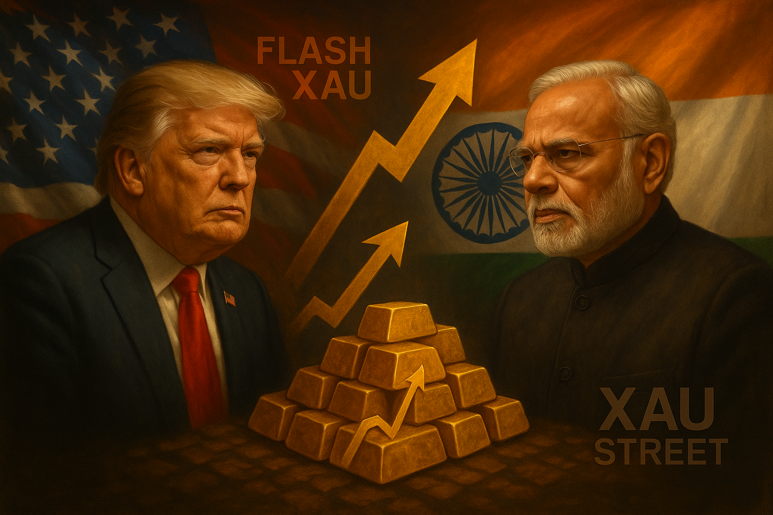 Donald Trump et Narendra Modi face à des lingots d’or, symbolisant les tensions commerciales et le rôle refuge du métal jaune