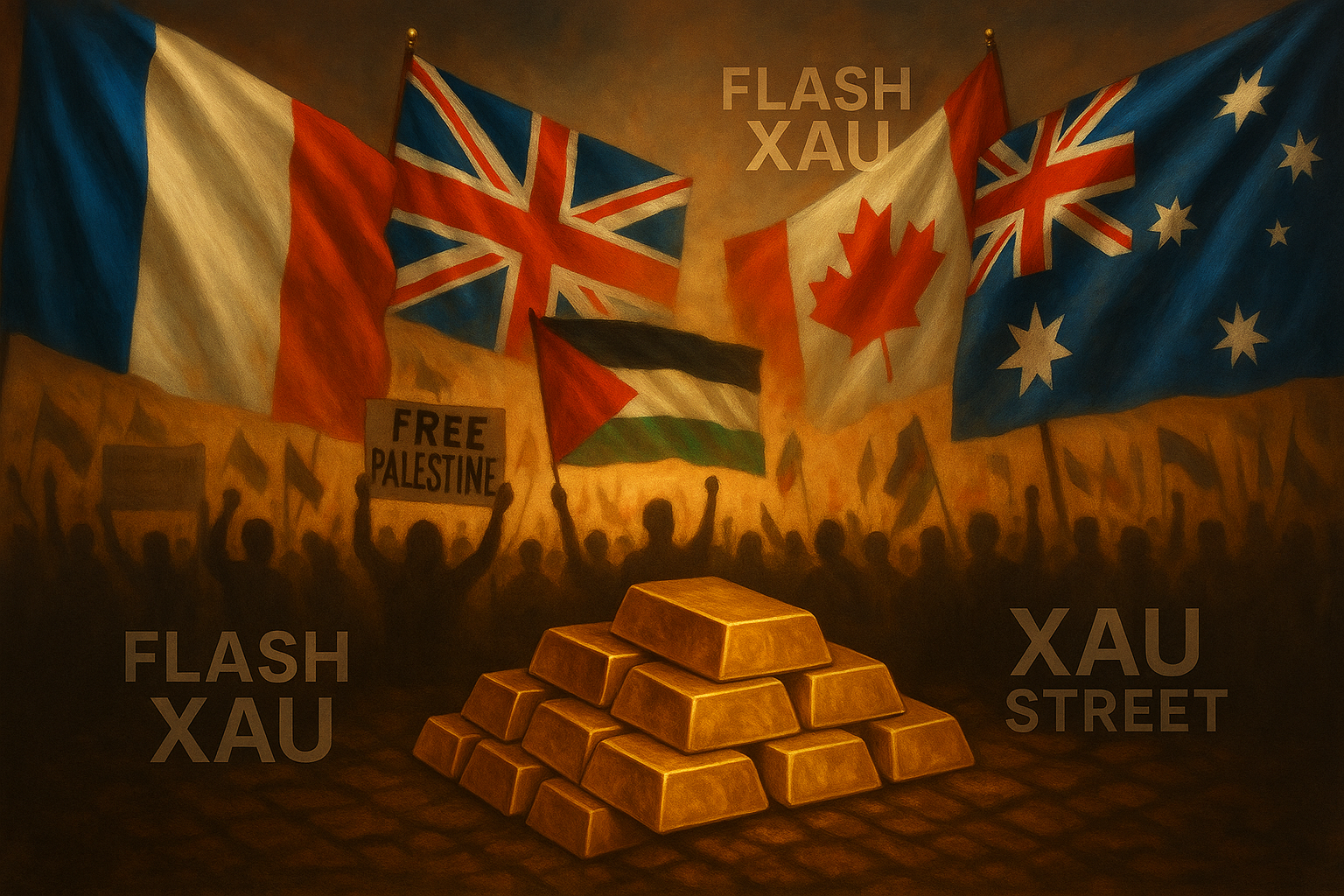 Drapeaux de France, Royaume-Uni, Canada et Australie sur fond de manifestations pour la Palestine, lingots d’or en superposition